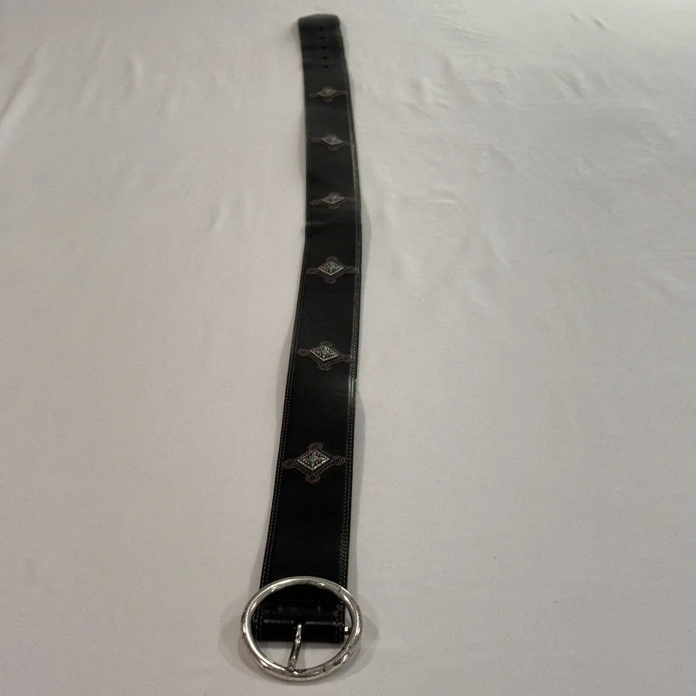 Brighton Embroidered Leather Western Belt‎ Womens 34 Black Silver Buckle | Boho
